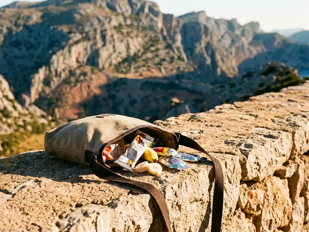 Cyclist's musette bag spilling energy bars, banana slices, and gel packets on a limestone wall with Serra de Tramuntana mountains behind.