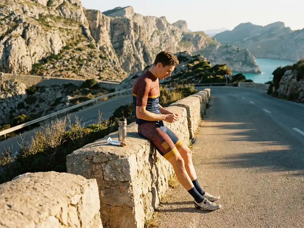 Cyclist in colorful kit resting on a stone wall along a Serra de Tramuntana mountain road, with bidon and snack, Mediterranean sea in background.