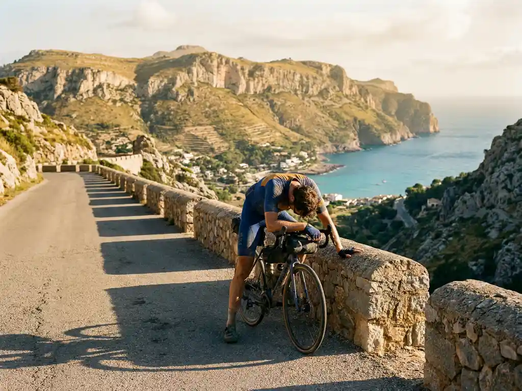 Uitgeputte wielrenner op bergtop in Mallorca, met uitzicht op terrassen, kliffen en turquoise Middellandse Zee in gouden middaglicht.