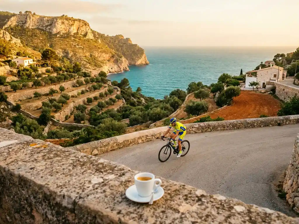 Wielrenner in felle outfit op zonnige bergweg in Mallorca, met espressokopje op stenen muur en turquoise Middellandse Zee op achtergrond.