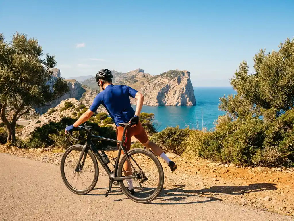 Wielrenner stretcht naast racefiets op zonnige bergweg in Mallorca, met kalkstenen kliffen en turquoise Middellandse Zee op de achtergrond.