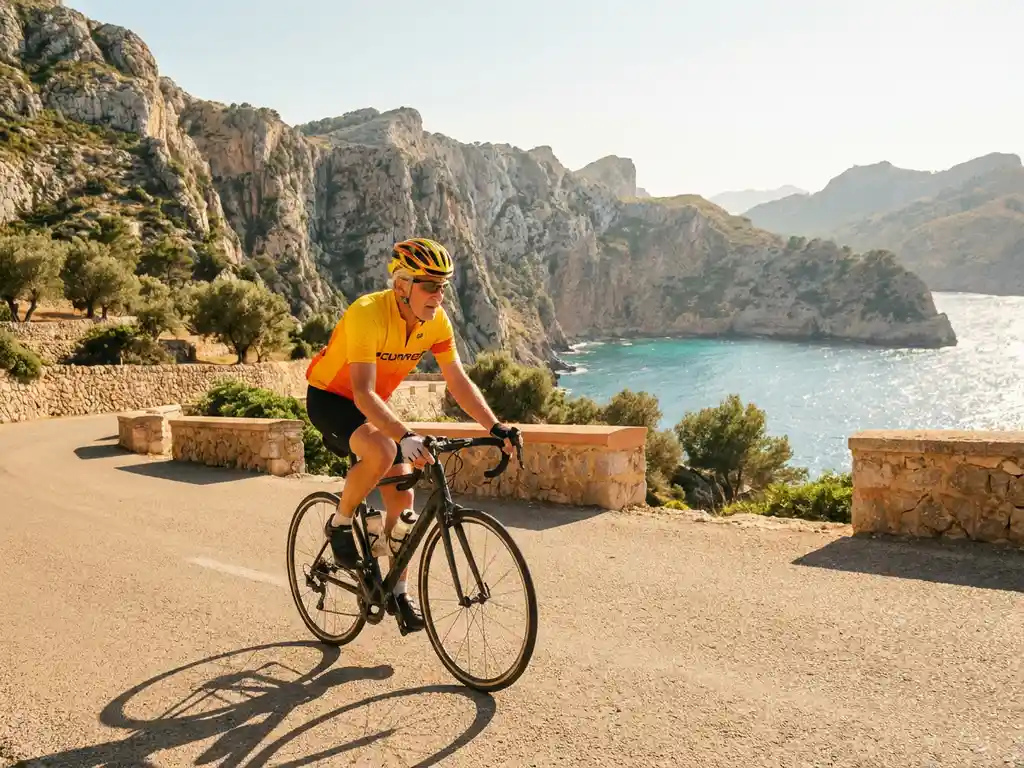 Zilverhaarige wielrenner in geel shirt op bergpas in Mallorca, met kalkstenen rotsen van de Serra de Tramuntana en turquoise Middellandse Zee op de achtergrond.