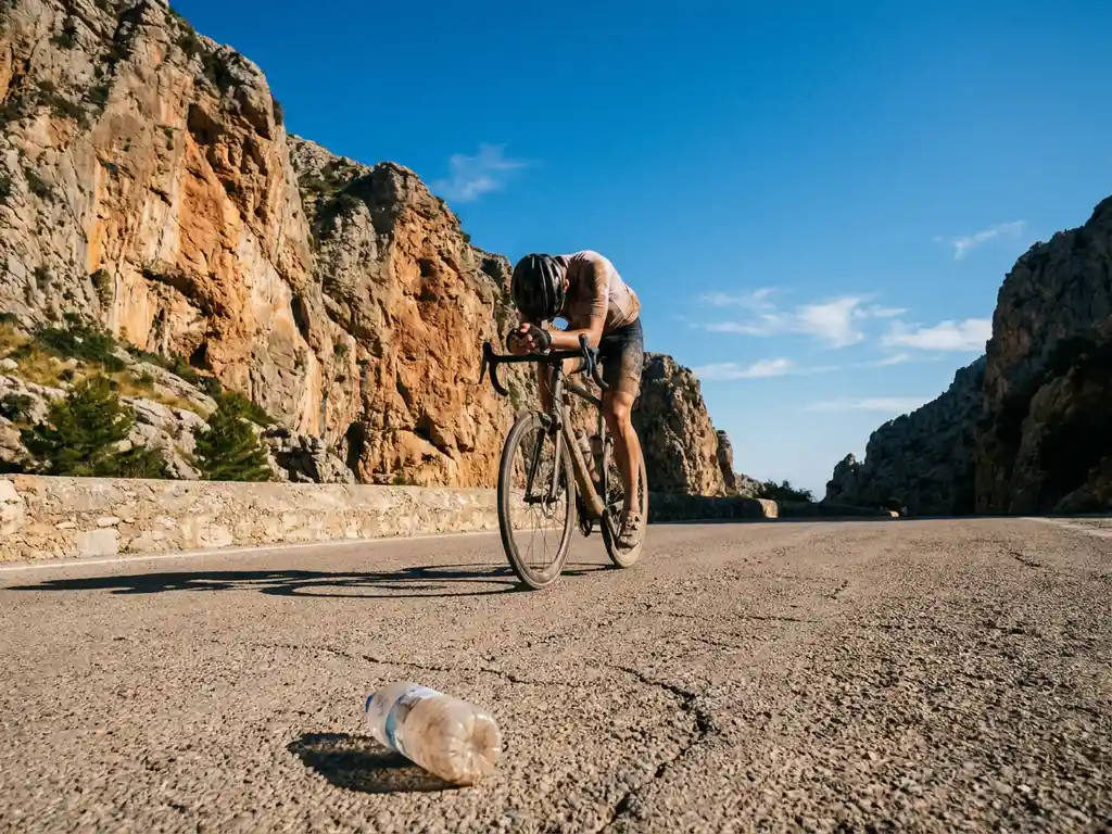 Uitgeputte wielrenner hangend over het stuur op een verlaten bergweg in de Serra de Tramuntana, Mallorca, met kalkstenen kliffen en blauwe lucht.
