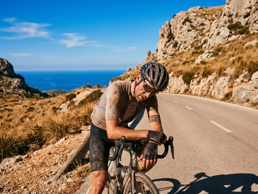 Uitgeputte wielrenner hangend over het stuur op een bergweg in de Serra de Tramuntana, Mallorca, met de Middellandse Zee op de achtergrond.