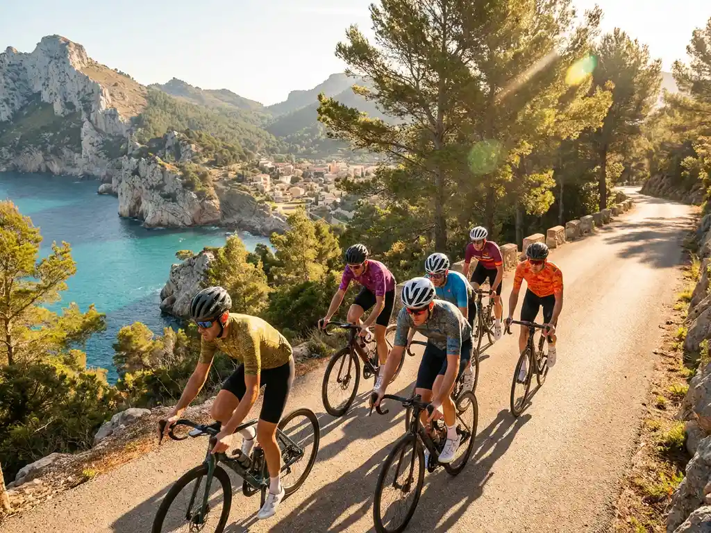 Vijf wielrenners beklimmen een zonnige bergweg op Mallorca, met kalkstenen kliffen, turquoise zee en een terracottadorp in de vallei.
