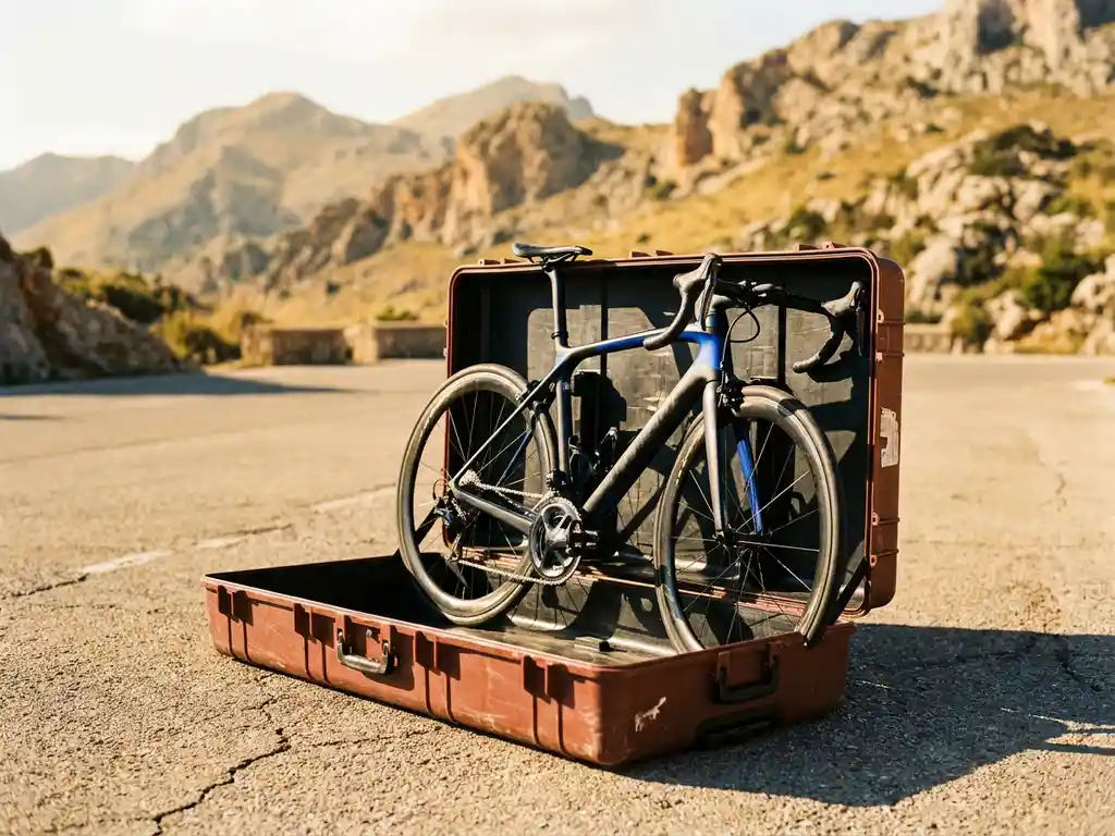 Carbon racefiets in open harde reiskoffer op Mallorcaans asfalt, met de Serra de Tramuntana-bergen op de achtergrond.