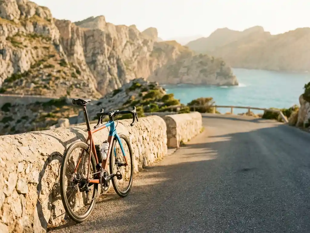 Racefiets tegen een stenen muur op een bergweg in Mallorca, met de Serra de Tramuntana en de Middellandse Zee op de achtergrond.