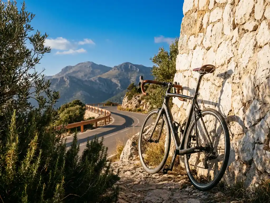 Racefiets tegen verkalkte muur met uitzicht op Serra de Tramuntana, kronkelende kustweg en olijfbomen in gouden avondlicht, Mallorca.