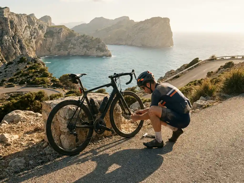Wielrenner inspecteert lekke achterband op bergweg in Mallorca, met kalkstenen kliffen en turquoise Middellandse Zee op de achtergrond.