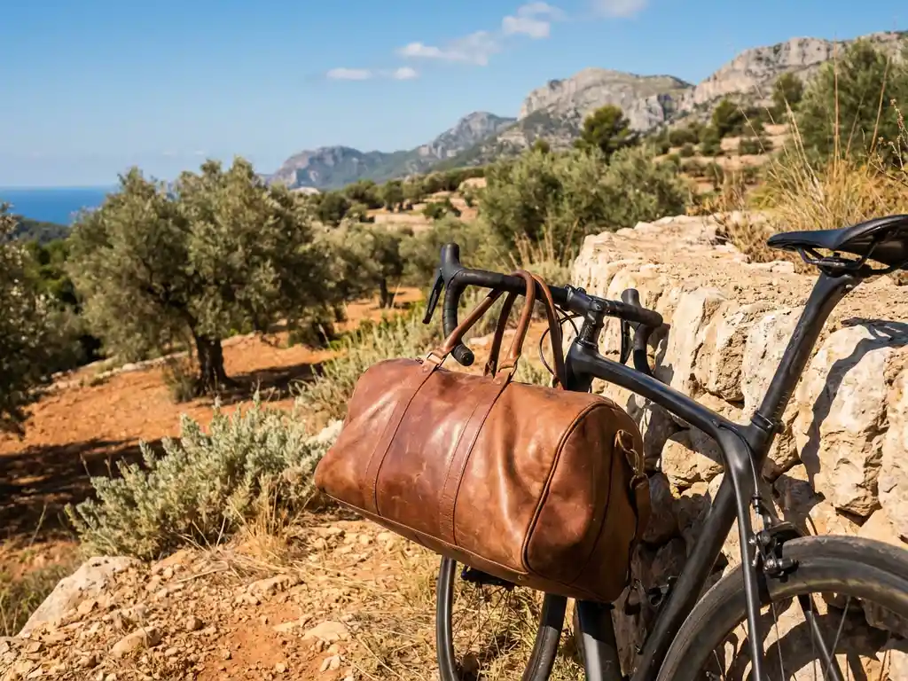 Verweerde leren reistas tegen een racefiets bij een zongeblakerde stenen muur, met olijfbomen en kalkstenen bergen op Mallorca.