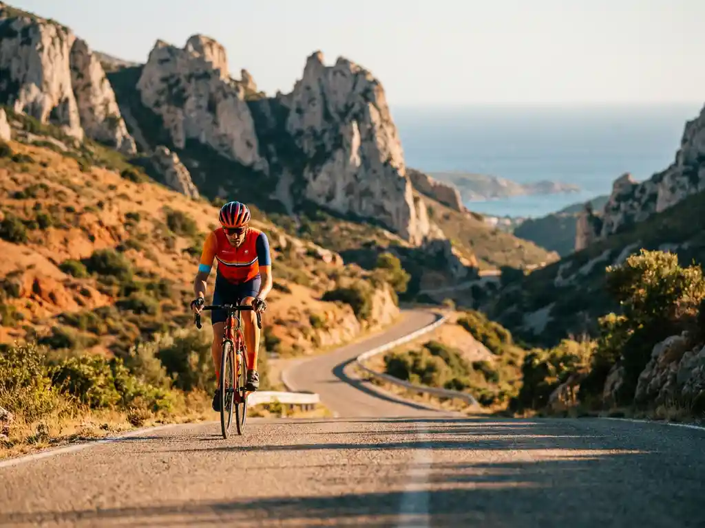 Road cyclist in bright kit cresting a Serra de Tramuntana mountain pass in Mallorca, limestone cliffs and turquoise Mediterranean sea in golden-hour light.