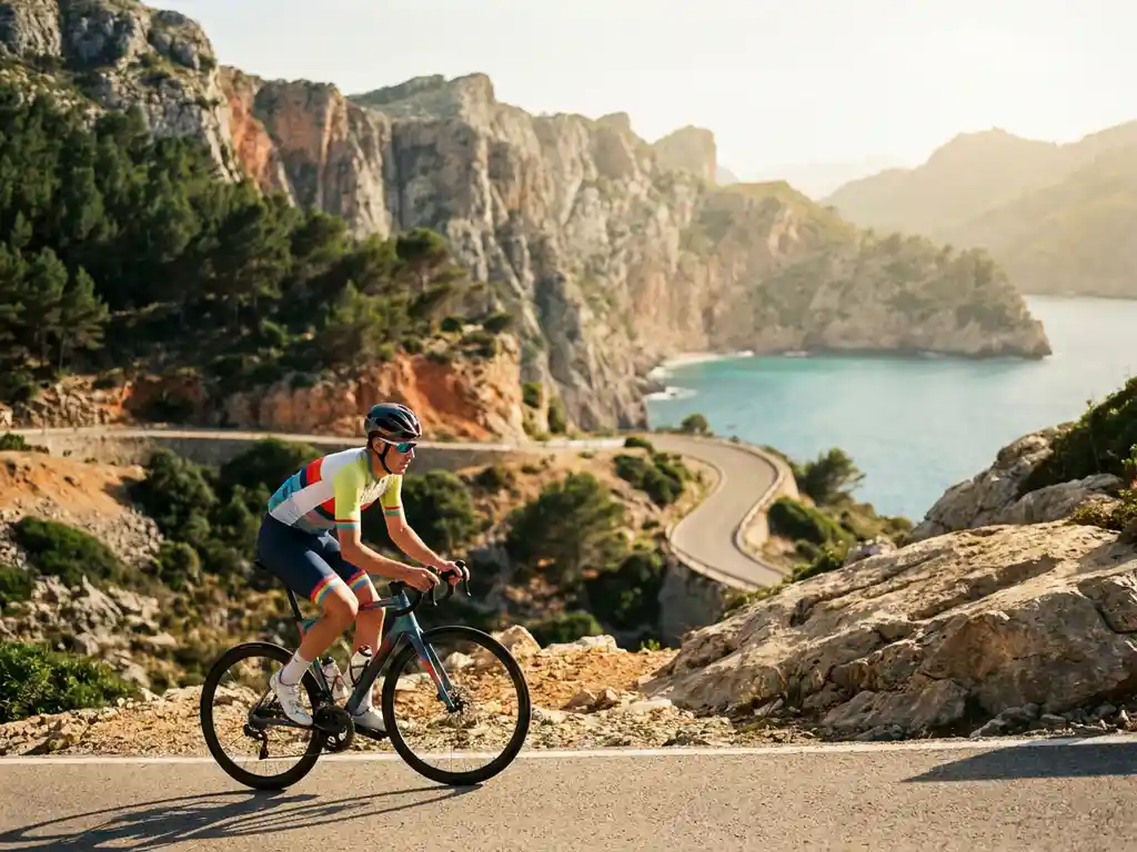 Professional cyclist climbing a sunlit mountain pass in Mallorca, with limestone Serra de Tramuntana cliffs and turquoise Mediterranean bay behind.