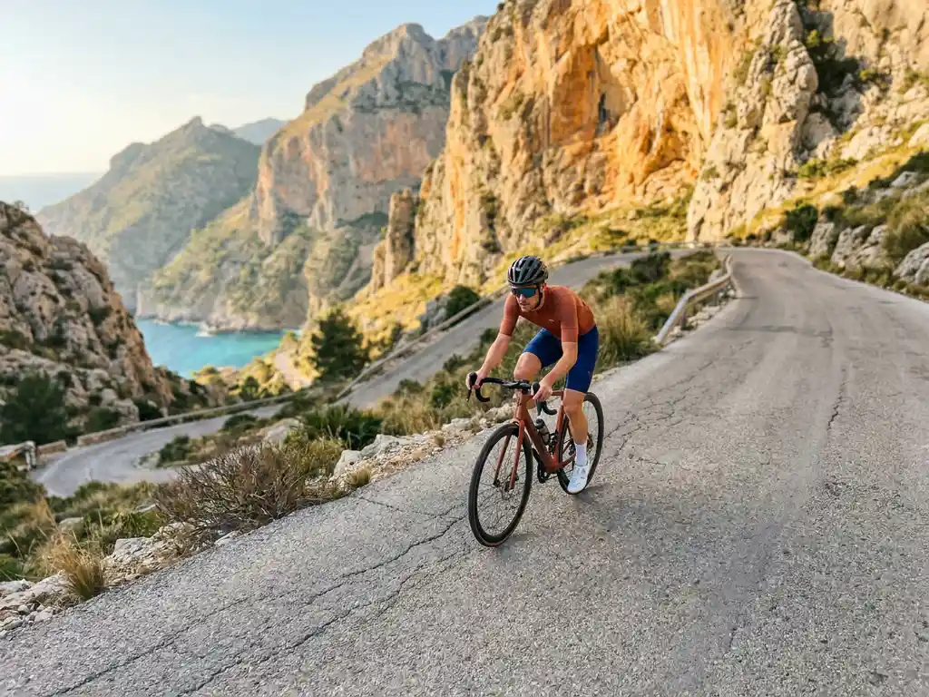 Road cyclist climbing a winding mountain switchback in Mallorca, with limestone Serra de Tramuntana cliffs and turquoise Mediterranean sea below.