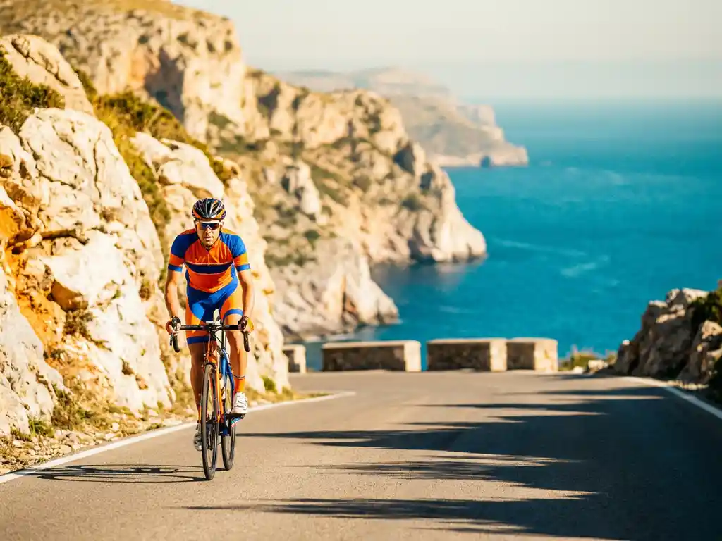 Cyclist in bright kit cresting a mountain pass on Mallorca's Serra de Tramuntana, with limestone cliffs and turquoise Mediterranean sea beyond.