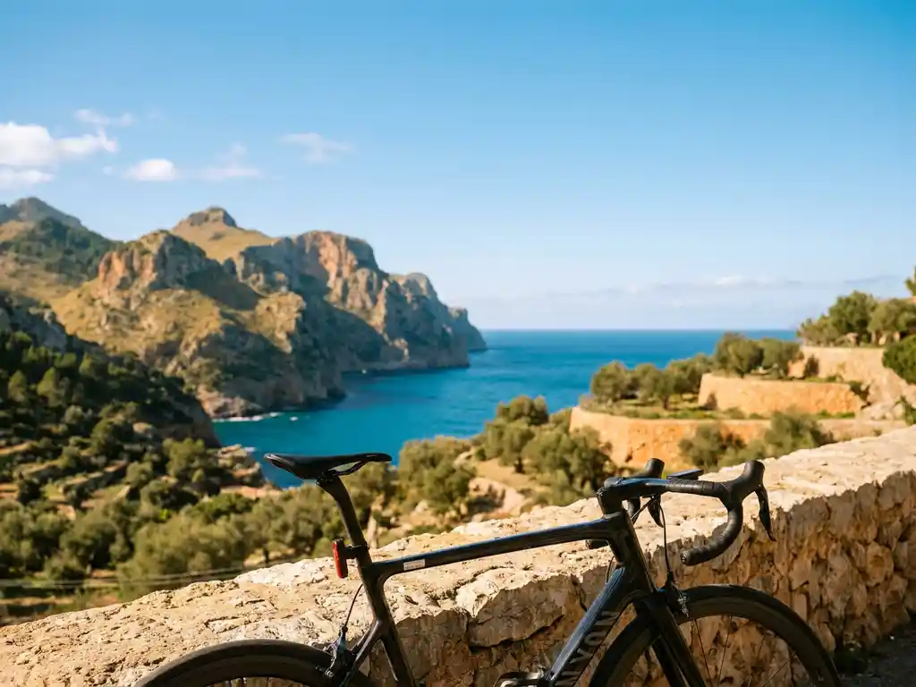 Rennrad an Kalksteinmauer in Mallorcas Serra de Tramuntana mit Oliventerrassen und türkisem Mittelmeer im goldenen Nachmittagslicht.