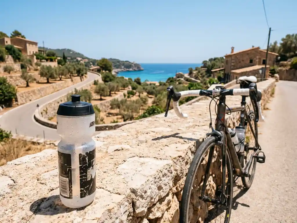 Schweißbedeckte Trinkflasche auf Kalksteinmauer mit Rennrad, Mallorcas Küstenstraße und türkisblauer Bucht im Hintergrund.