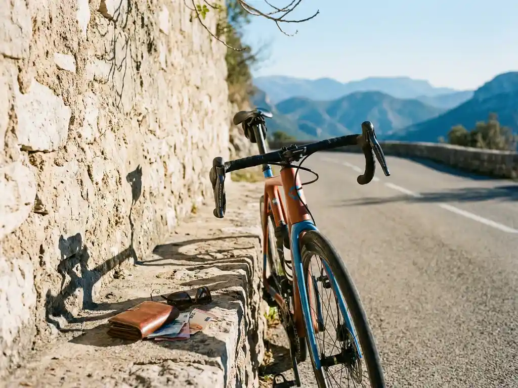 Road bike resting against a limestone wall on a Mallorca mountain road, with Serra de Tramuntana peaks, a leather cycling wallet, and euro notes nearby.