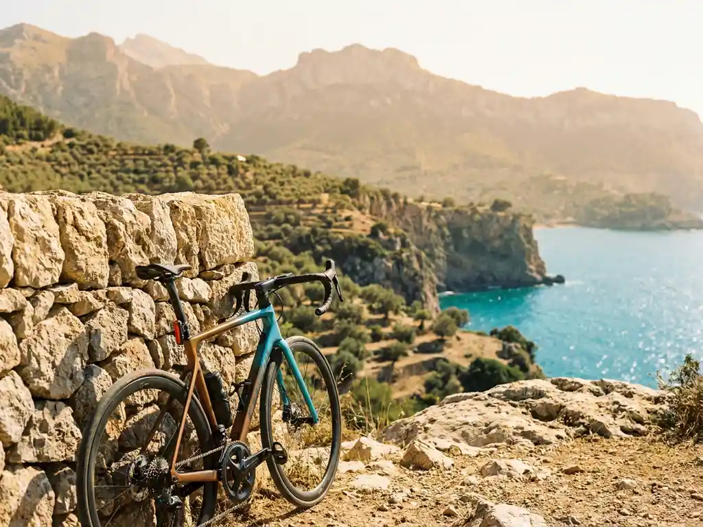 Road bike resting against a stone wall in Mallorca's Serra de Tramuntana, with terraced olive groves and turquoise Mediterranean bay below.