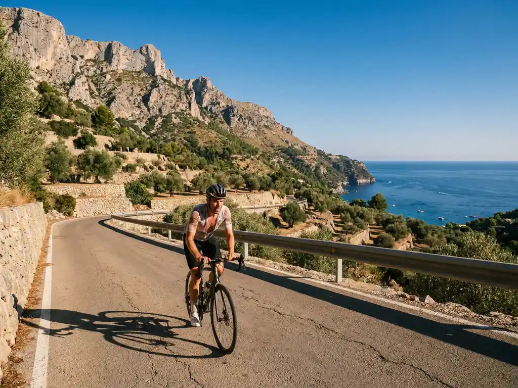 Fietser beklimt steile bergweg op Mallorca met Serra de Tramuntana-kliffen, olijfgaarden en Middellandse Zee op achtergrond.