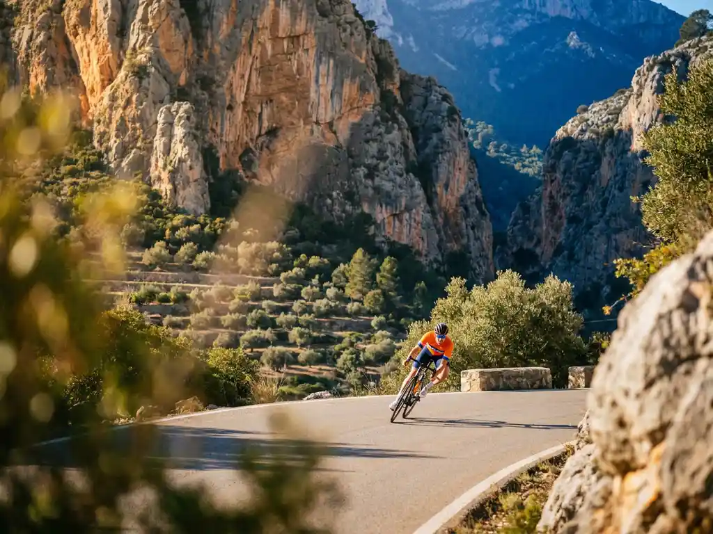 Wielrenner neemt een bocht op een zonnige bergweg in Mallorca, met kalkstenen rotswanden en olijfgaarden op de achtergrond.
