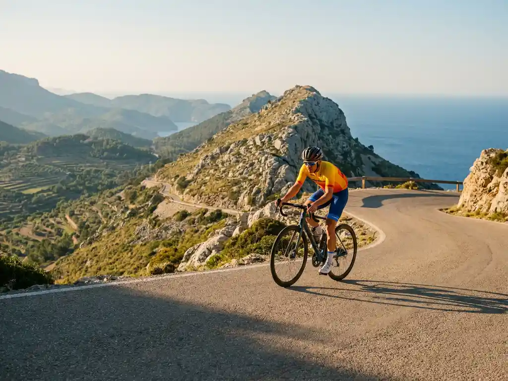Radsportler in buntem Trikot auf dem Gipfel eines Bergpasses in der Serra de Tramuntana, Mallorca, mit Kalksteinfelsen und Mittelmeer im Hintergrund.