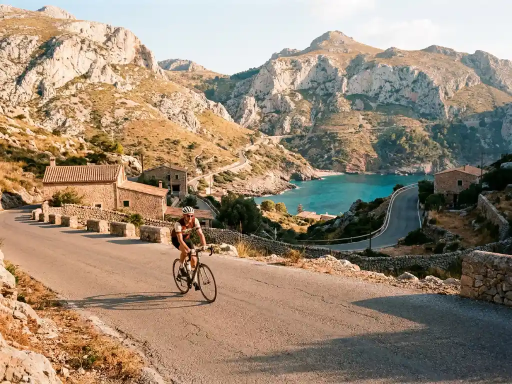 Radsportler überquert einen Bergpass in Mallorca mit Blick auf die Serra de Tramuntana und eine türkisfarbene Mittelmeerbucht.