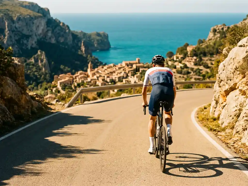 Radsportler erklimmt einen Bergpass in Mallorcas Serra de Tramuntana mit Blick auf das türkisblaue Mittelmeer und ein Dorf im Tal.