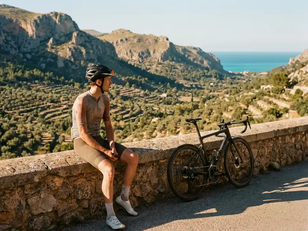 Radfahrer rastet auf einer Steinmauer in Mallorca mit Rennrad, Olivenhainen, Kalksteinbergen und Mittelmeerblick im goldenen Nachmittagslicht.