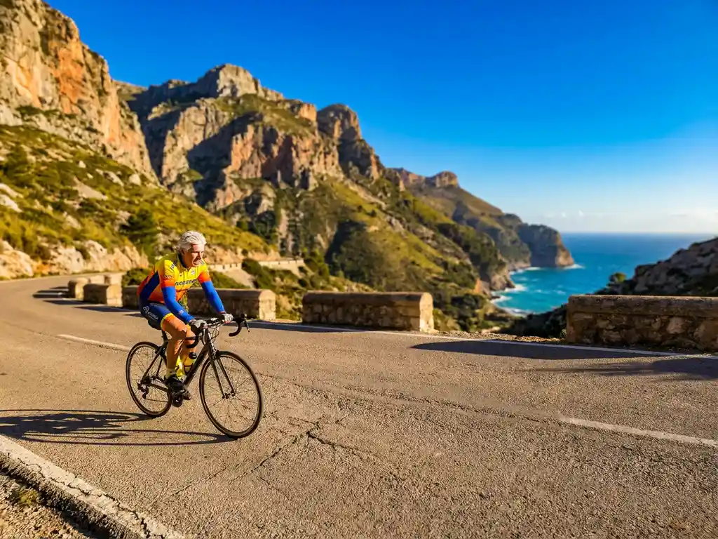 Silberhaariger Radfahrer erklimmt eine Bergstraße auf Mallorca, Serra de Tramuntana-Klippen und türkisfarbenes Mittelmeer im Hintergrund.
