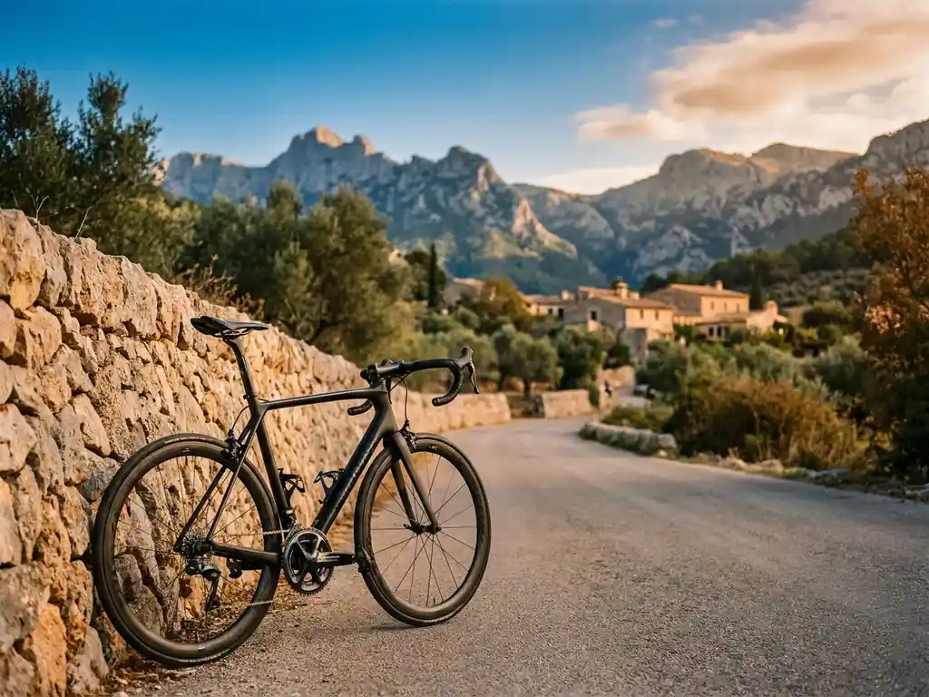 Rennrad lehnt an einer Steinmauer auf einer Bergstraße in Mallorca, Serra de Tramuntana im Hintergrund, mediterranes Sonnenlicht.