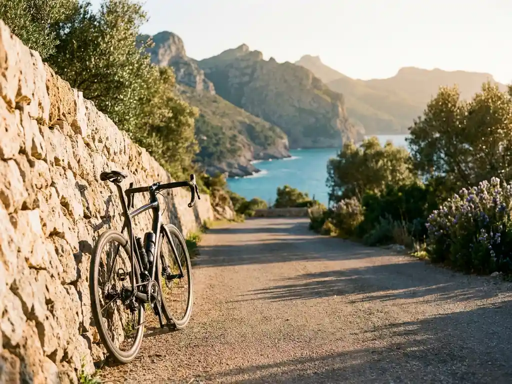 Road bike resting against a limestone wall on a Mallorca mountain road, with Serra de Tramuntana peaks and turquoise Mediterranean bay at golden hour.
