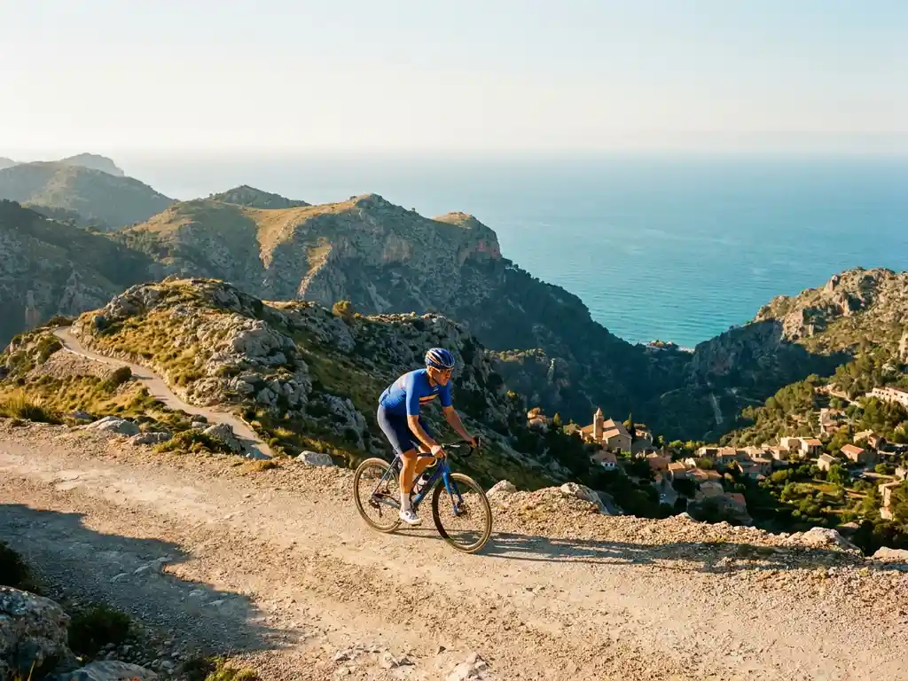 Cyclist in bright kit cresting a limestone ridge in Serra de Tramuntana, with turquoise Mediterranean sea and terracotta village below at golden hour.