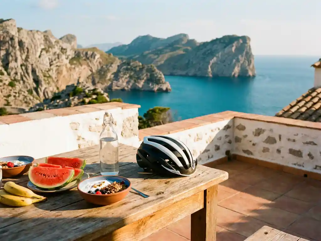 Houten tafel op Mallorcaans terras met watermeloen, bananen, yoghurt en waterles naast fietshelm, kalkstenen bergen en turquoise zee op de achtergrond.