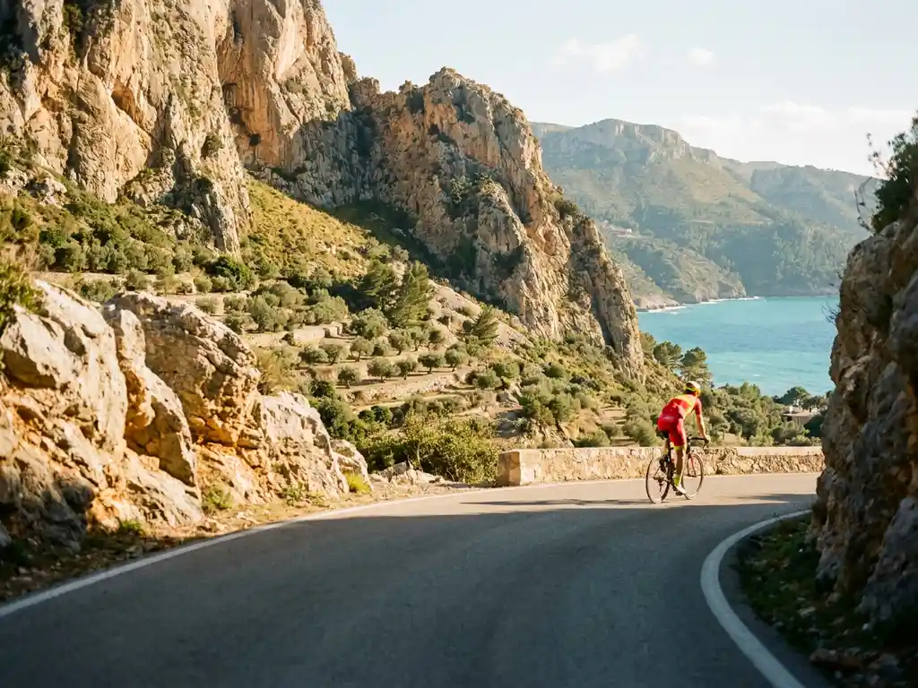 Wielrenner in felle outfit beklimt bochtige bergweg in Serra de Tramuntana, met kalkstenen rotsen, olijfgaarden en turquoise Middellandse Zee.