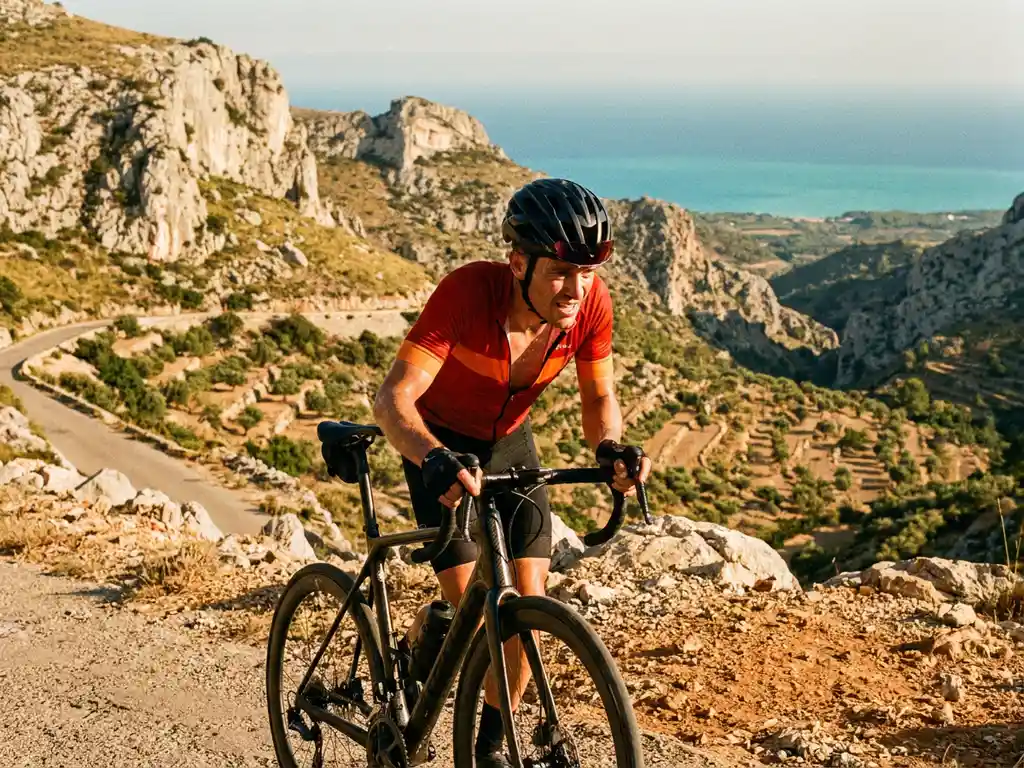 Wielrenner bereikt bergpas op Mallorca, met kalkstenen rotsen, olijfgaarden en de Middellandse Zee in gouden avondlicht.