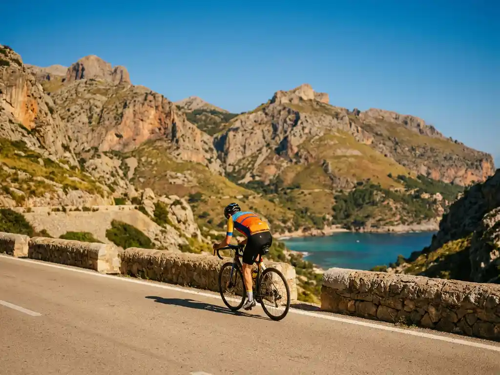 Wielrenner in kleurrijke outfit bereikt bergpas op Mallorca, met kalkstenen Serra de Tramuntana-toppen en turquoise Middellandse Zee op de achtergrond.