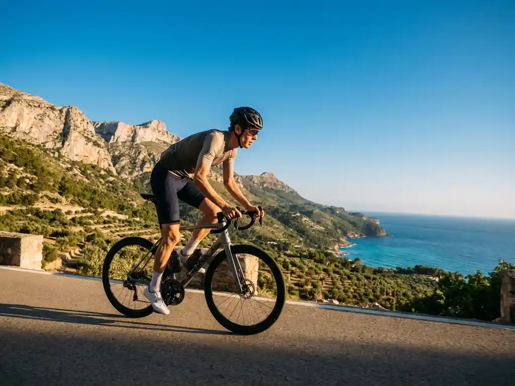 Wielrenner bereikt bergpas in Serra de Tramuntana, Mallorca, met olijfgaarden en Middellandse Zee op de achtergrond.
