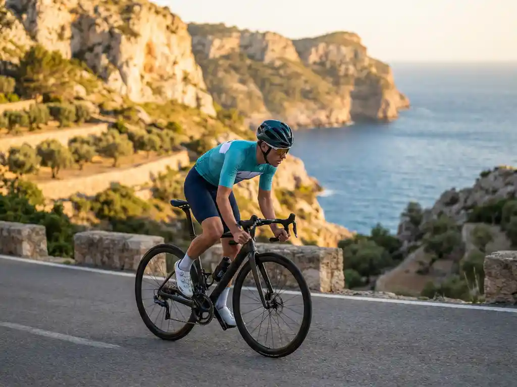 Wielrenner op racefiets door Mallorca's berglandschap, met kustweg, olijfgaarden, kalkstenen rotsen en de Middellandse Zee op de achtergrond.