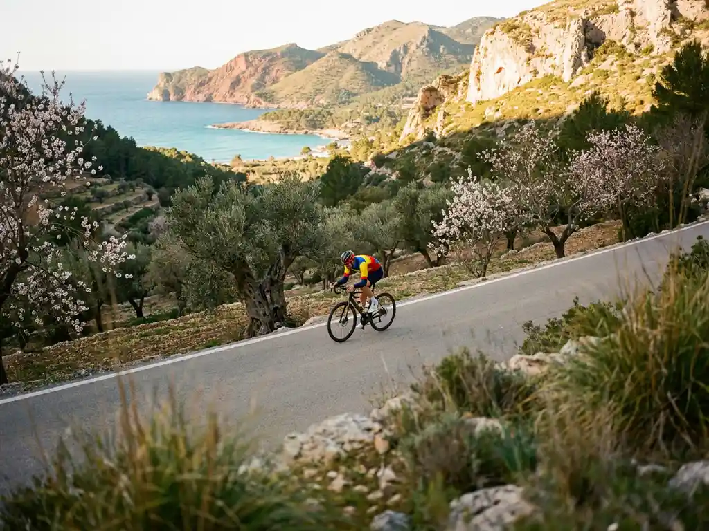 Wielrenner in felle outfit beklimt een bochtige bergpas op Mallorca, omgeven door amandelbloesem en olijfgaarden met de Middellandse Zee op de achtergrond.