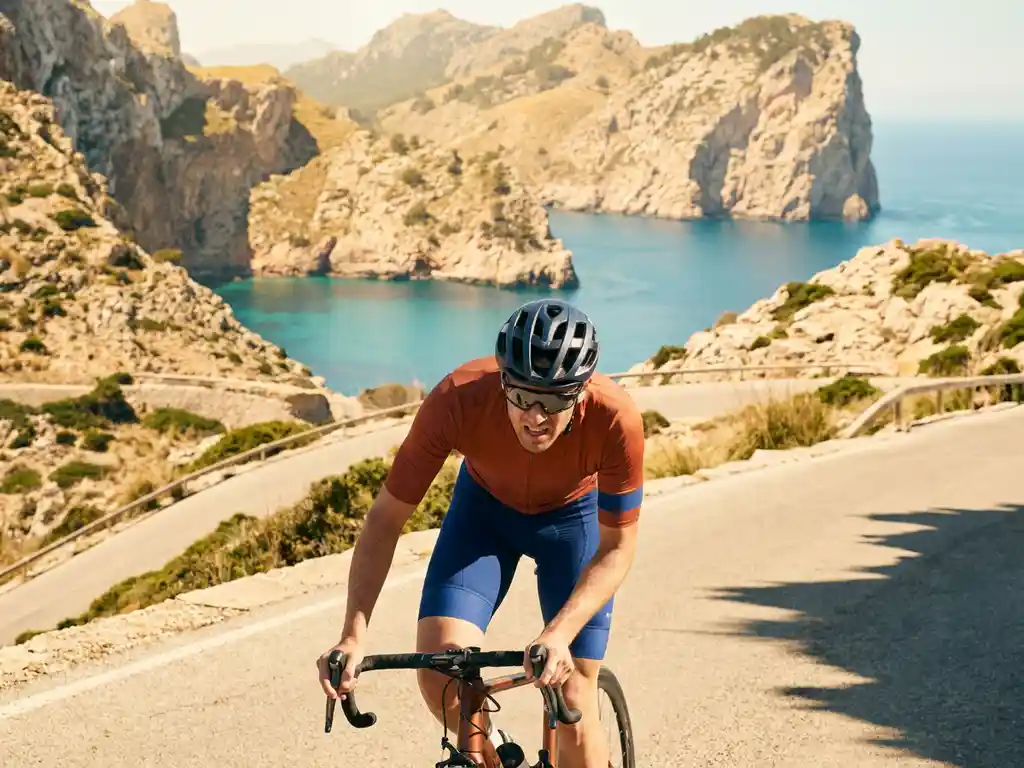 Vermoeide wielrenner beklimt een zonnige bergpas op Mallorca, met kalkstenen kliffen en turquoise Middellandse Zee op de achtergrond.