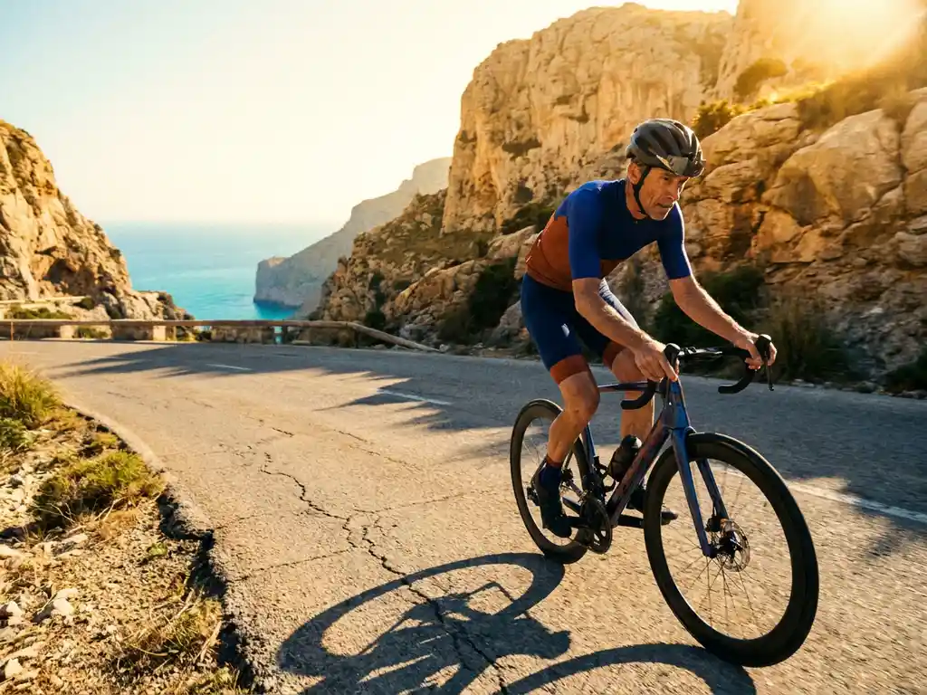 Wielrenner in aerodynamisch tenue daalt een zonnige bergpas op Mallorca af, met kalkstenen kliffen en turquoise Middellandse Zee op de achtergrond.