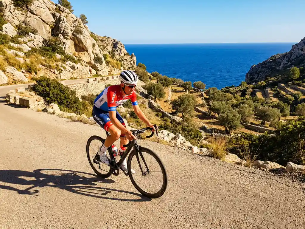 Wielrenner beklimt een zonnig bergpas op Mallorca, met kalkstenen rotsen, olijfgaarden en de Middellandse Zee op de achtergrond.