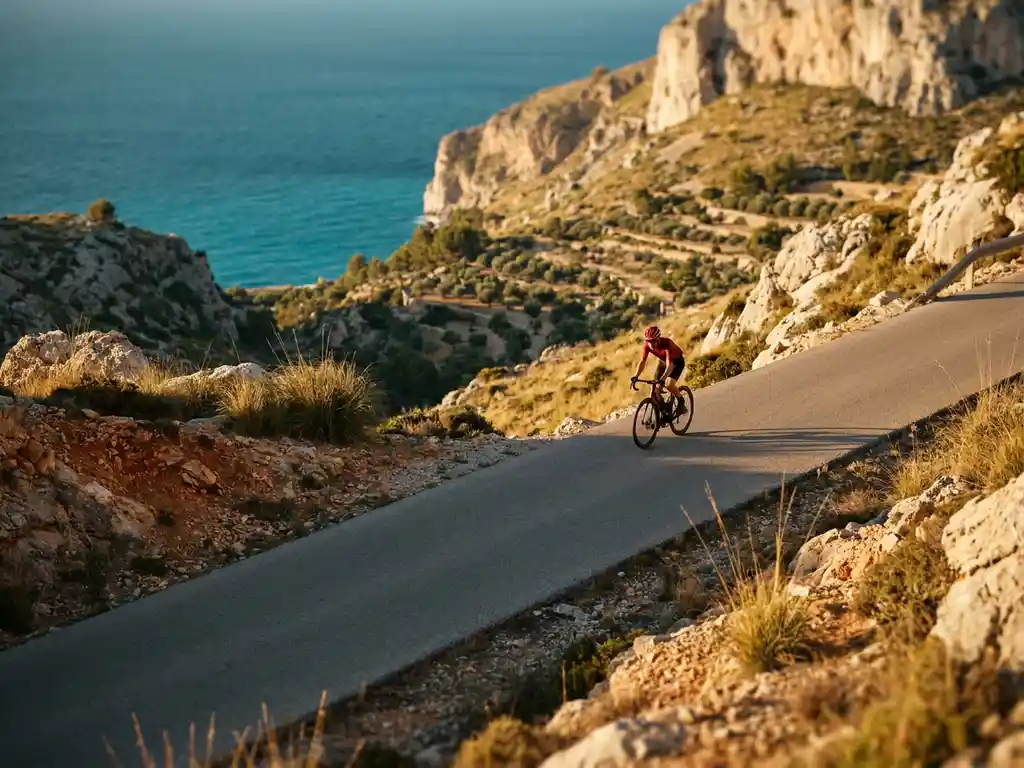 Wielrenner beklimt steile bergweg op Mallorca met kalkstenen kliffen, olijfgaarden en de Middellandse Zee op de achtergrond.