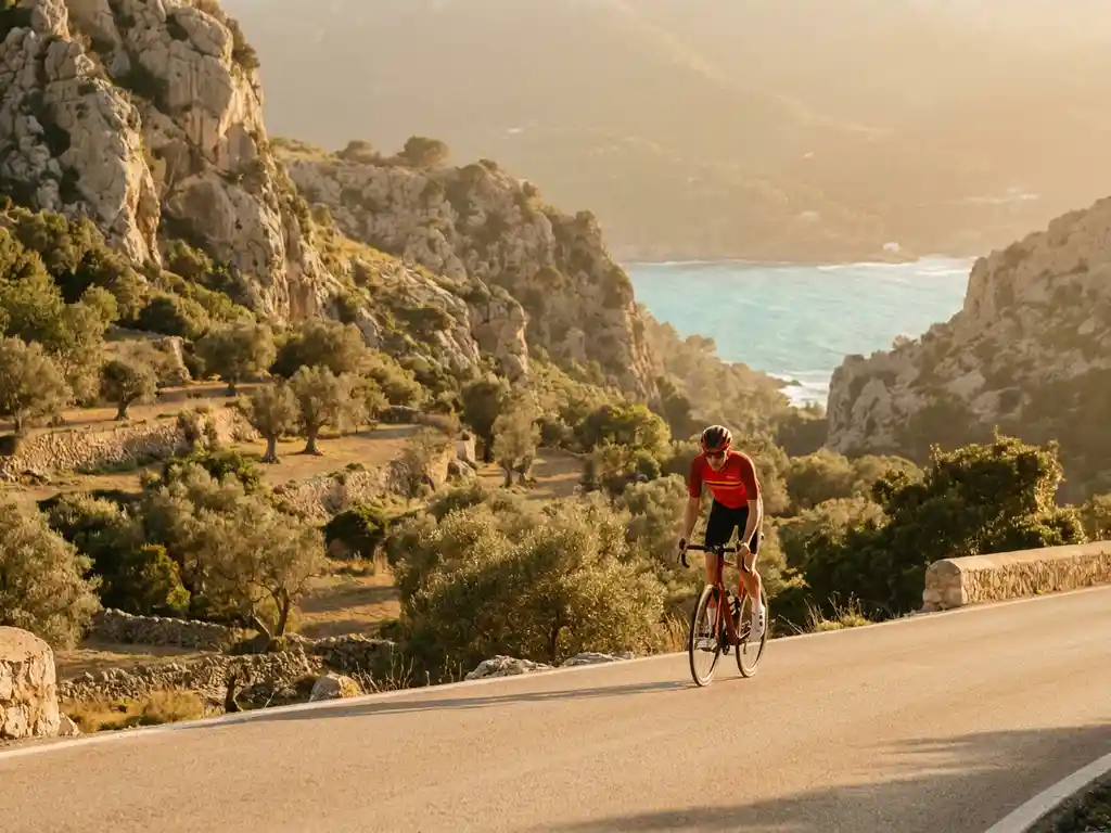 Wielrenner bereikt bergpas op Mallorca, omgeven door kalksteenrotsen, olijfgaarden en de Middellandse Zee op de achtergrond.