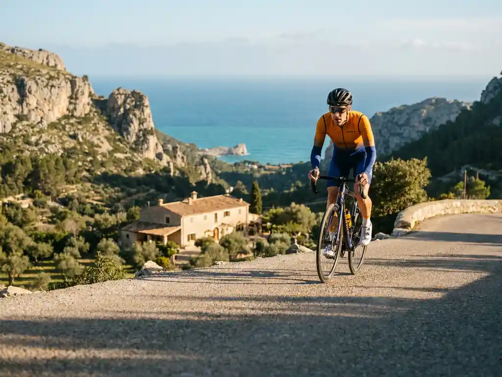 Wielrenner bereikt bergpas op Mallorca, met kalkstenen kliffen, turquoise Middellandse Zee en stenen finca in het dal bij ochtendlicht.