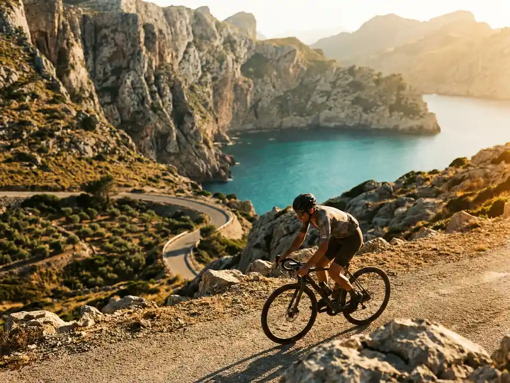 Wielrenner bereikt bergpas in Mallorca, met kalkstenen kliffen, olijfgaarden en turquoise Middellandse Zee op de achtergrond.