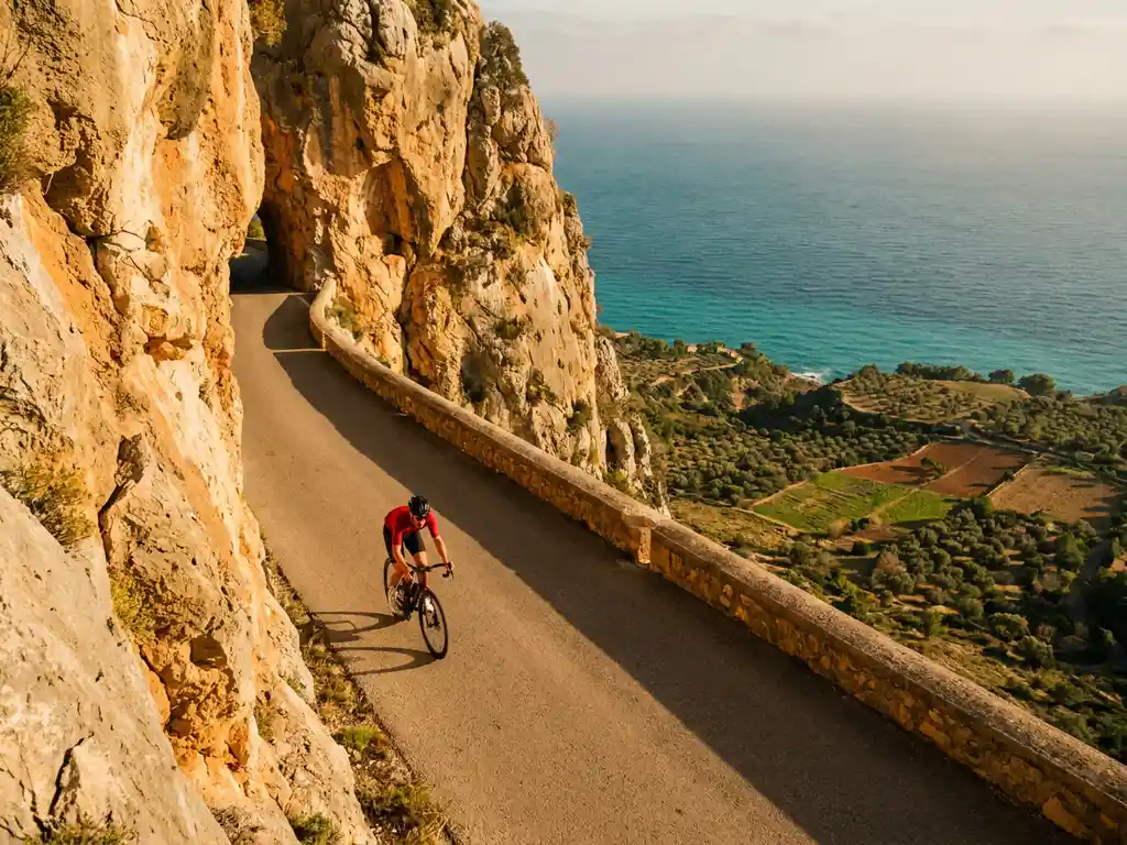 Wielrenner daalt een steile bergpas in Mallorca, met olijfgaarden en de turquoise Middellandse Zee op de achtergrond.