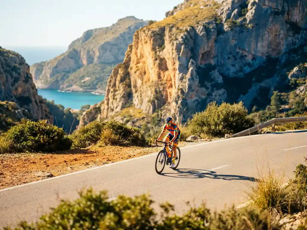 Wielrenner in felle kleding bereikt bergpas op Mallorca, met kalkstenen rotswanden, turquoise Middellandse Zee en slingerende weg in gouden middagzon.