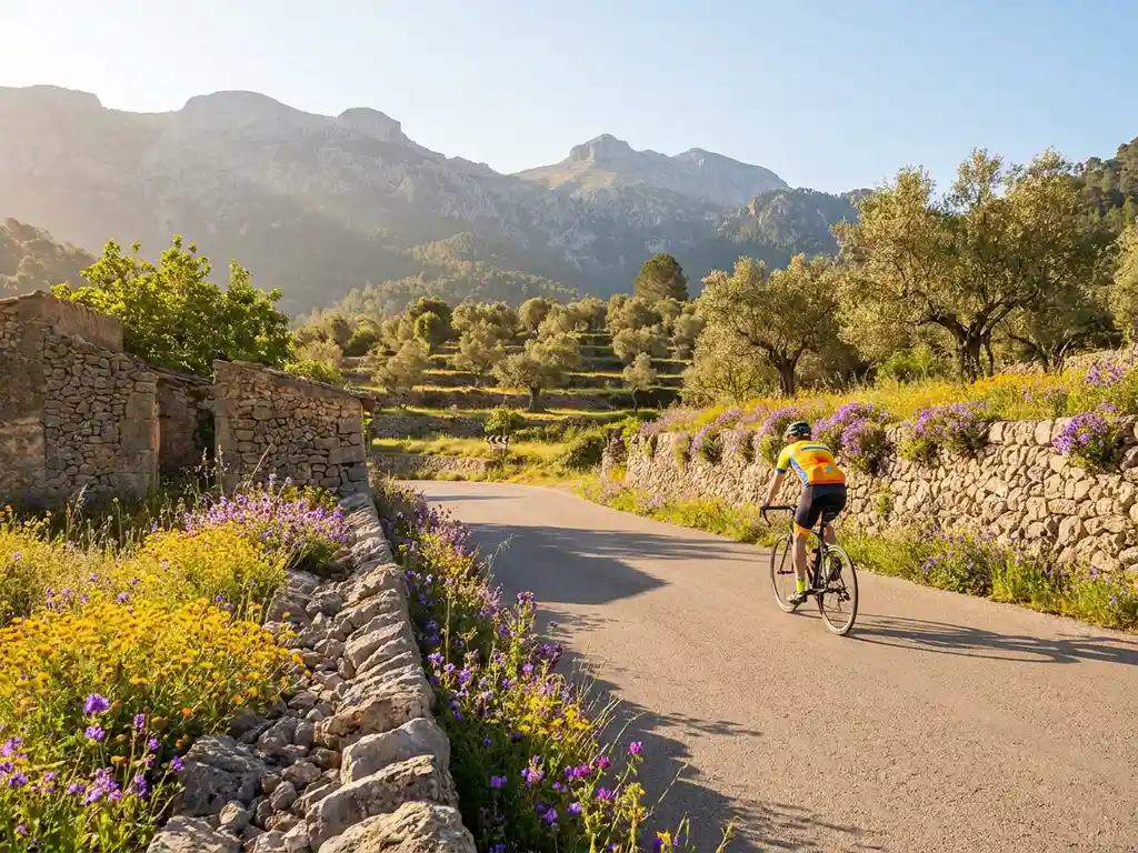Wielrenner in fel tenue beklimt een zonnig bergpas op Mallorca, omgeven door gele en paarse wildebloemen, terrassen met olijfbomen en de Serra de Tramuntana.