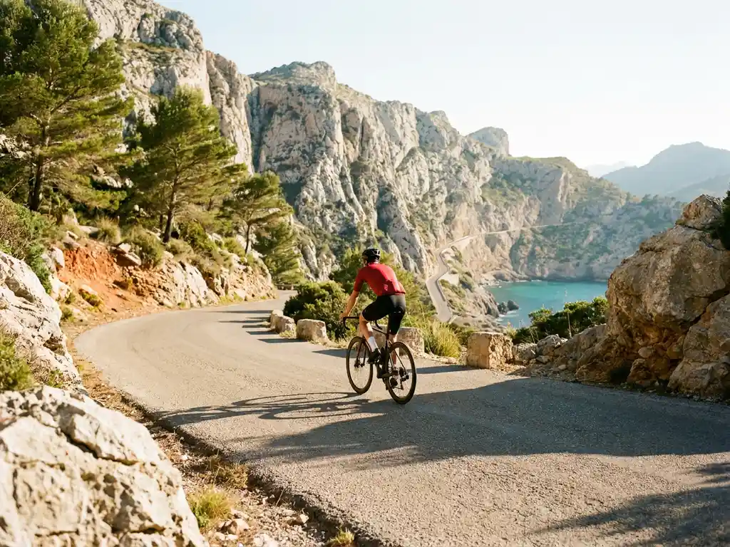 Wielrenner bereikt bergpas in Mallorca, met kalkstenen rotsen van de Serra de Tramuntana en turquoise Middellandse Zee op de achtergrond.